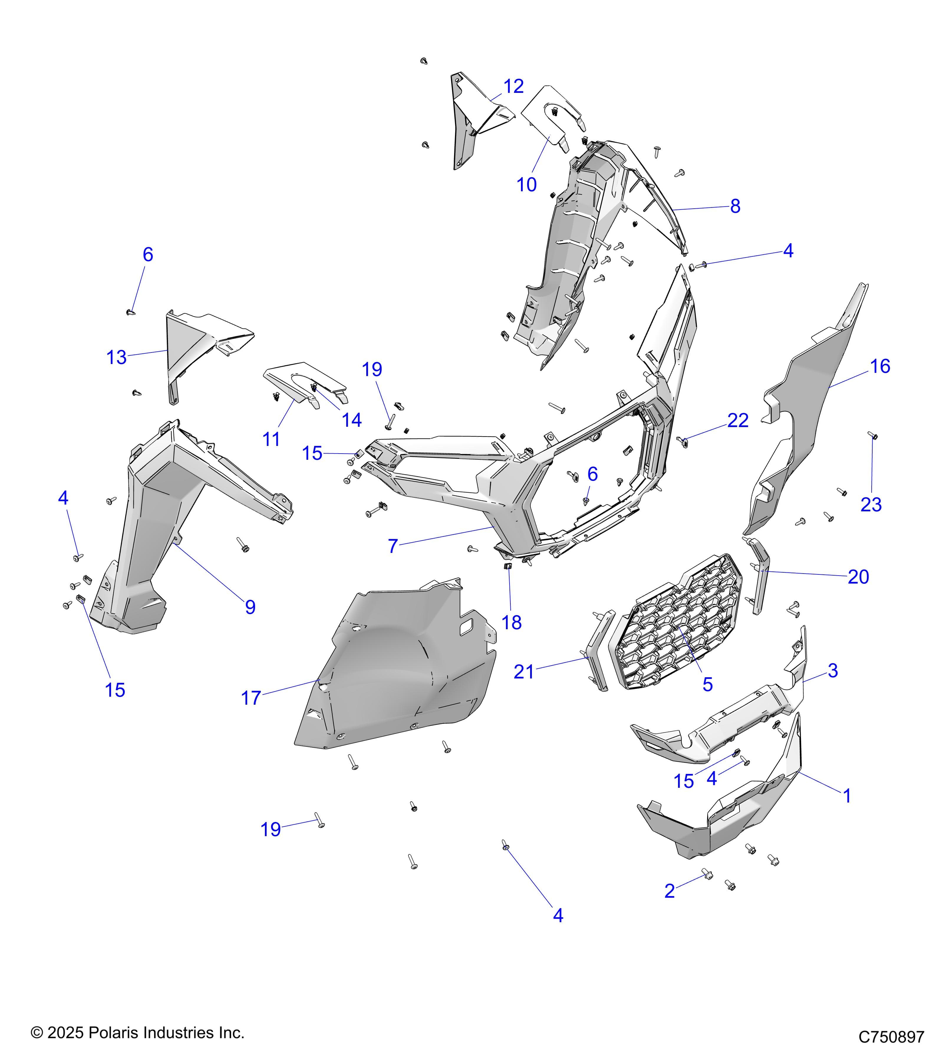 2026 RZR XP 1000 SPORT — BODY, FRONT FACIA, GRILLE, AND FLARES - Z26NES99A4/B4/A6/B6 (C750897) diagram