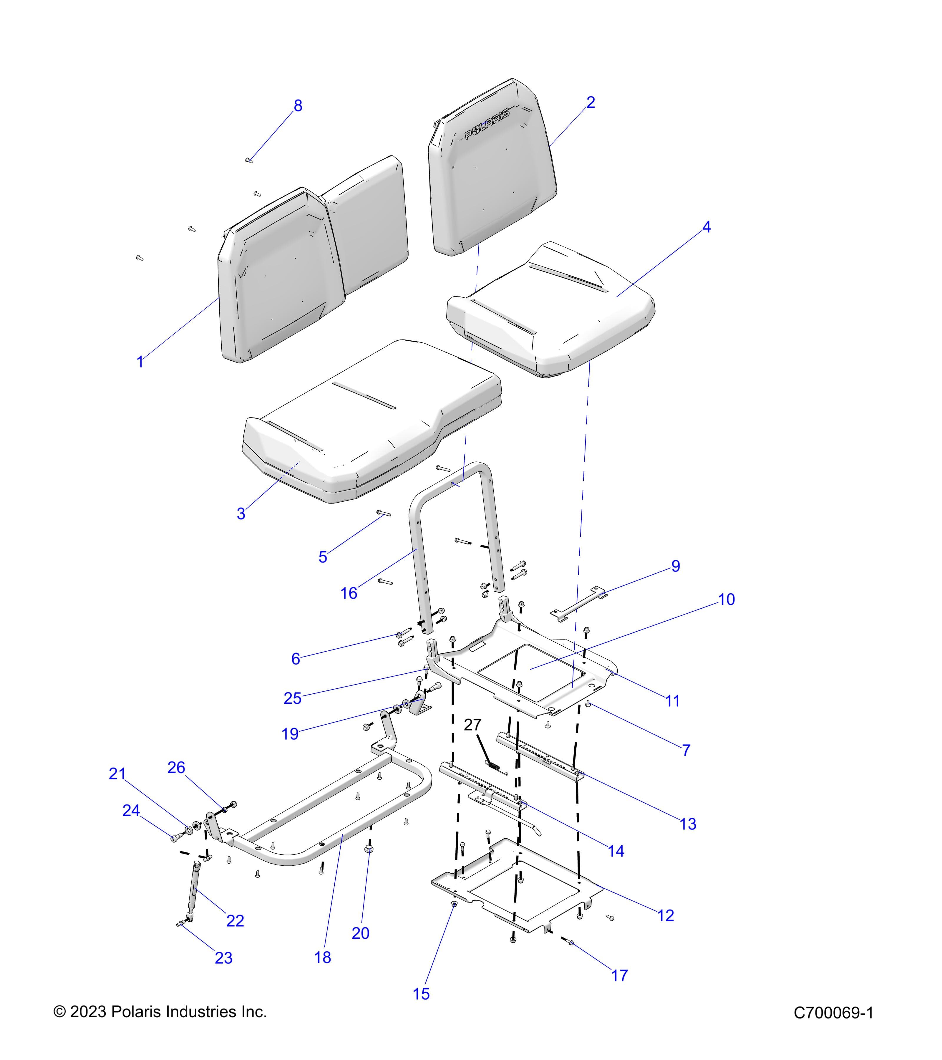 2026 RANGER 1000 XP CREW NSTR ULTIMATE TRAIL BOSS — BODY, SEAT ASSEMBLY & SLIDER - R26RSV99AK (C700069-1) diagram