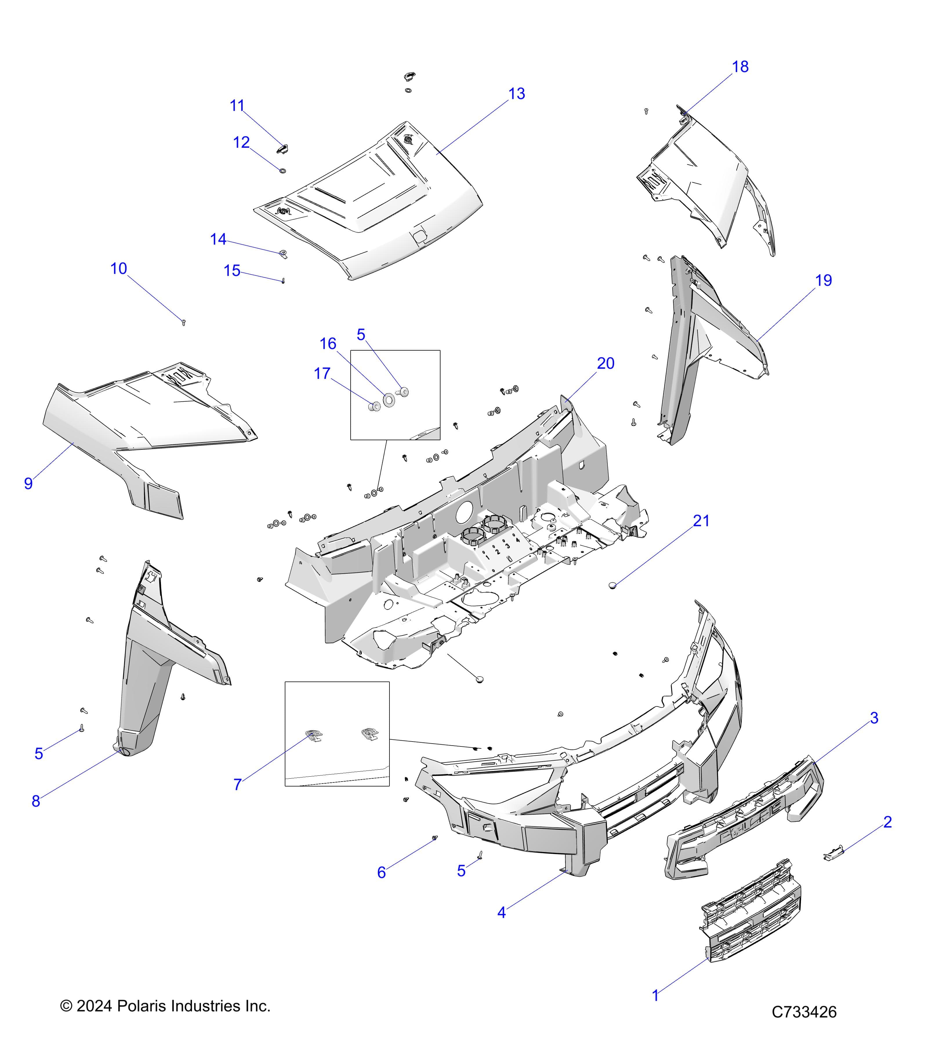2026 RANGER 1000 XP NSTR ULTIMATE TRAIL BOSS β BODY, HOOD & FRONT FASCIA - R26RRV99AK (C730478) diagram