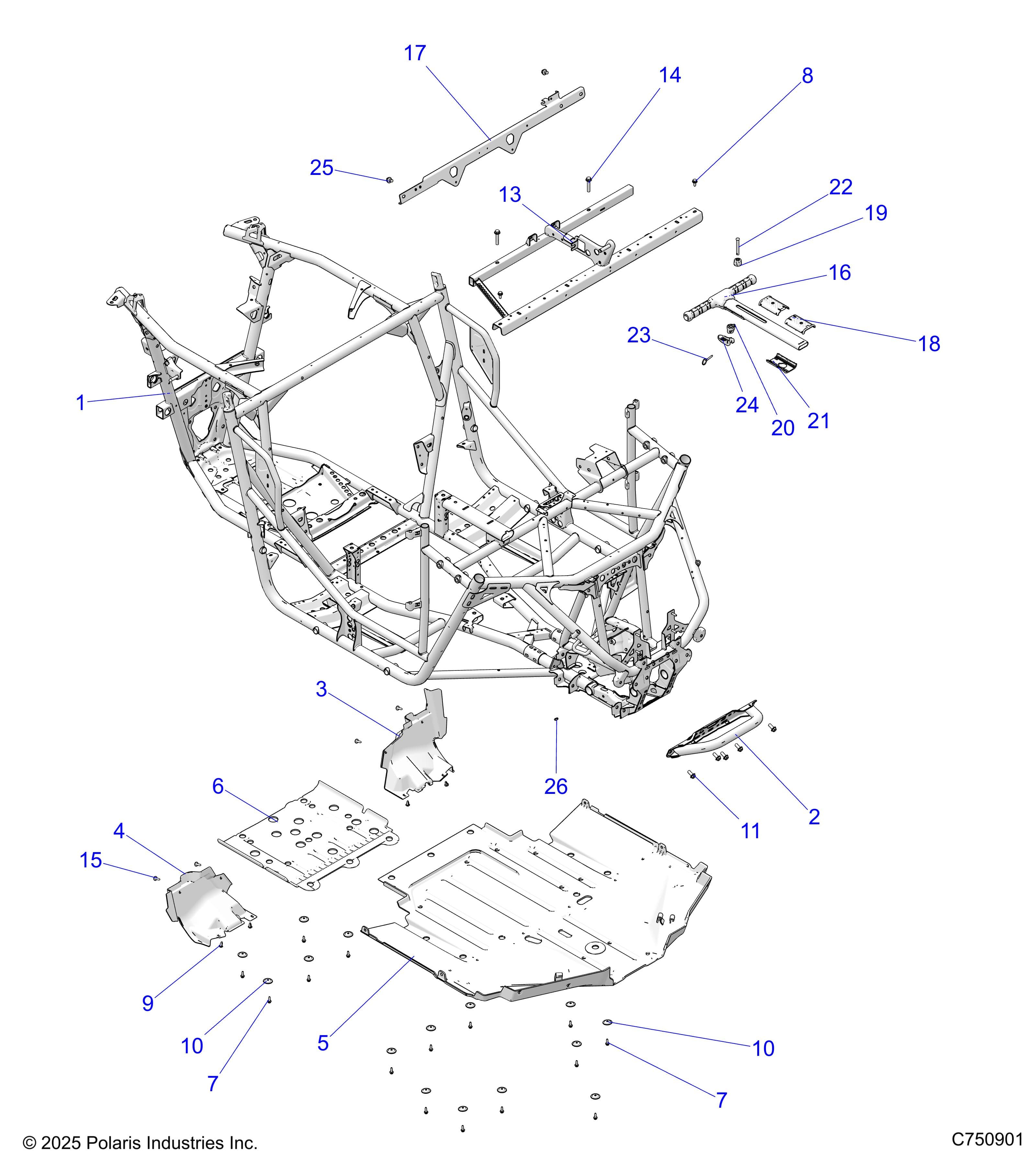 2026 RZR XP S 1000 ULTIMATE β CHASSIS, MAIN FRAME AND SKID PLATES - Z26NEY99A4/B4/A6/B6 (C750901) diagram