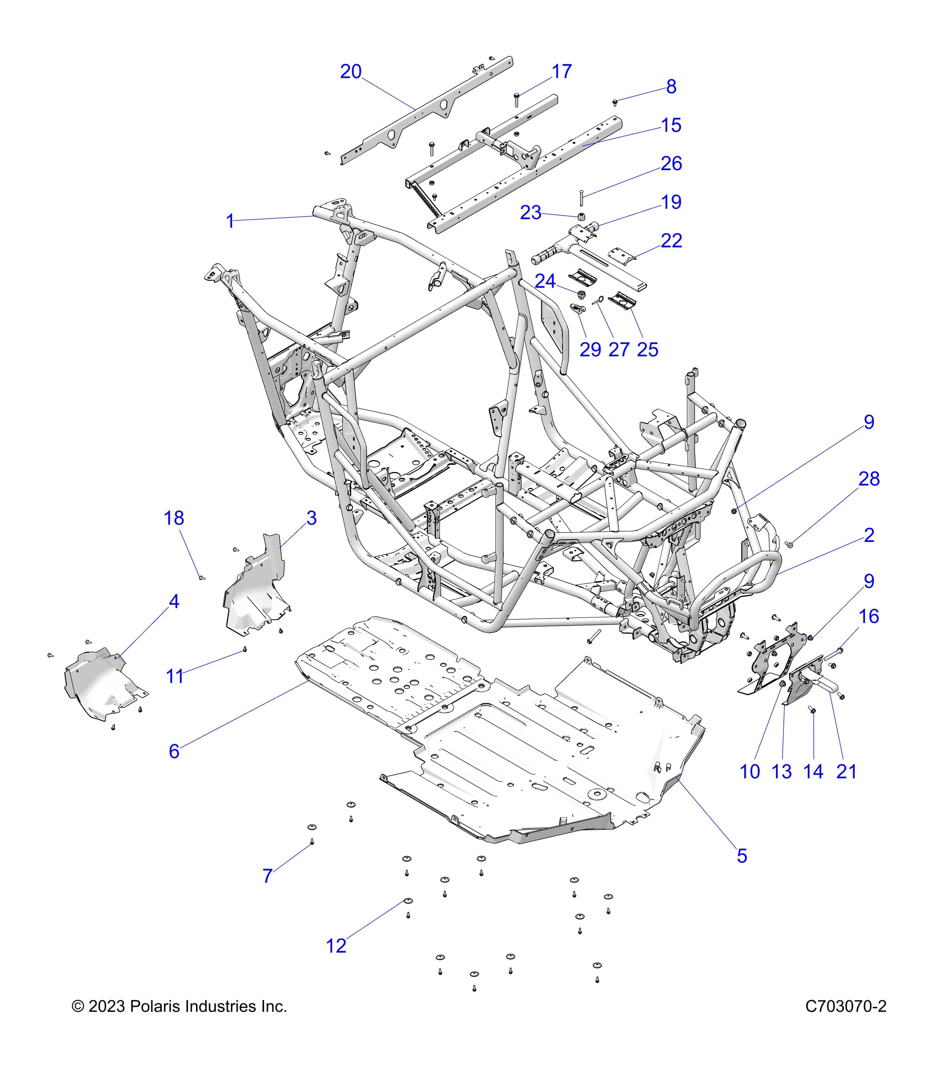 2026 RZR XP 1000 SPORT β CHASSIS, MAIN FRAME AND SKID PLATES - Z26NES99A4/B4/A6/B6 (C703070-2) diagram