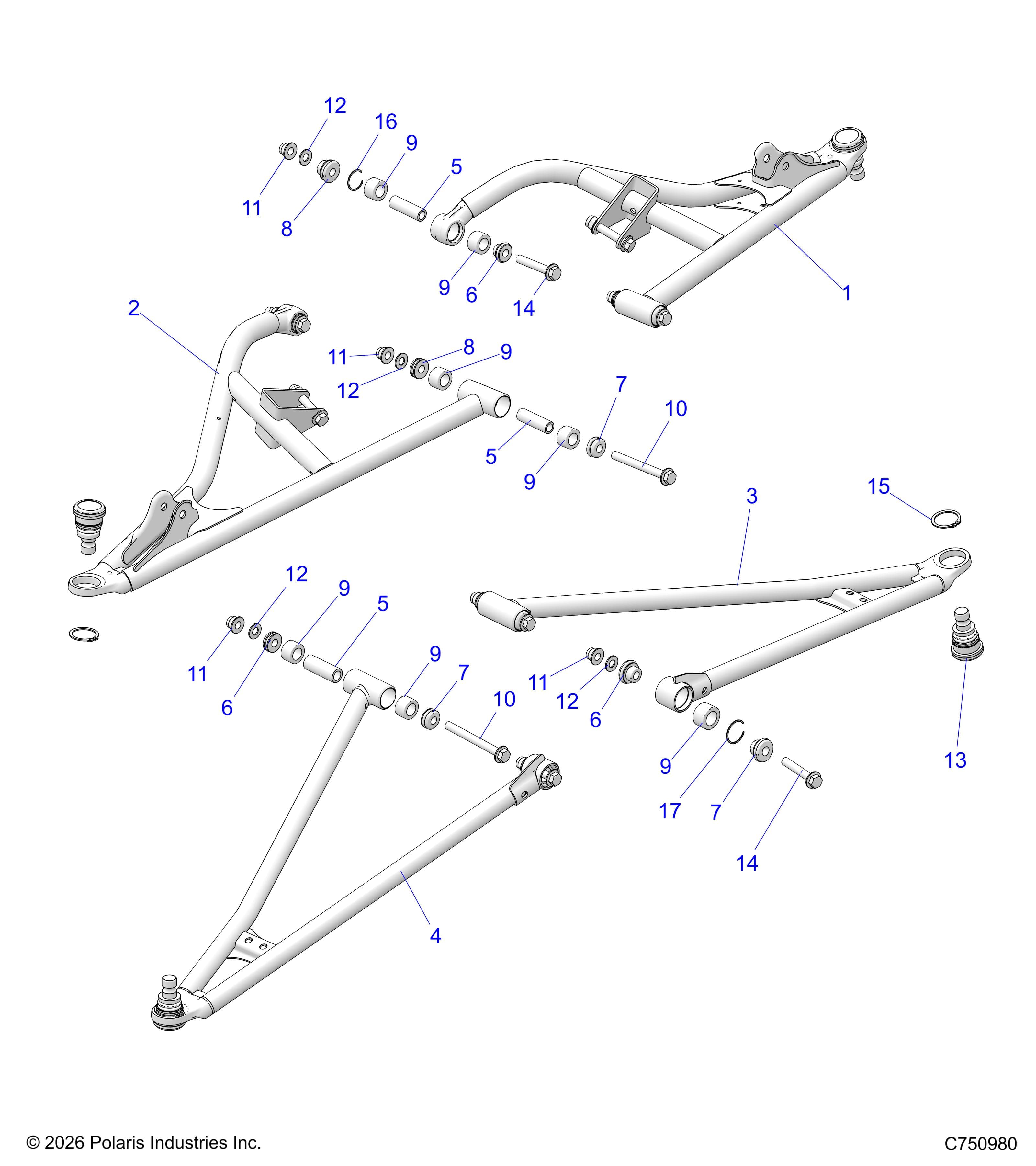 2026 RZR XP 4 1000 SPORT β SUSPENSION, FRONT CONTROL ARMS - Z26NMS99A4/B4/A6/B6 (C750980) diagram