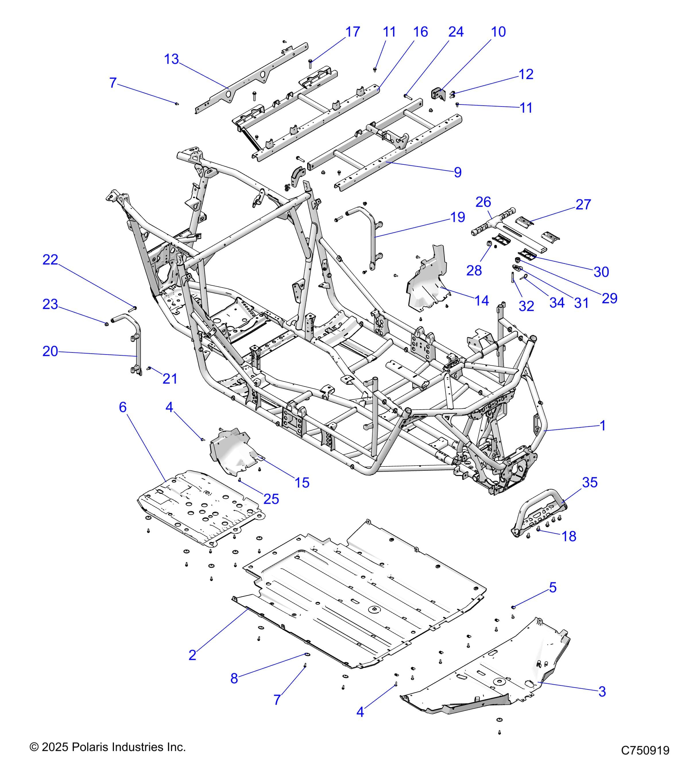 2026 RZR XP S 4 1000 SPORT β CHASSIS, MAIN FRAME AND SKID PLATES - Z26NMX99A4/B4/A6/B6 (C750919) diagram