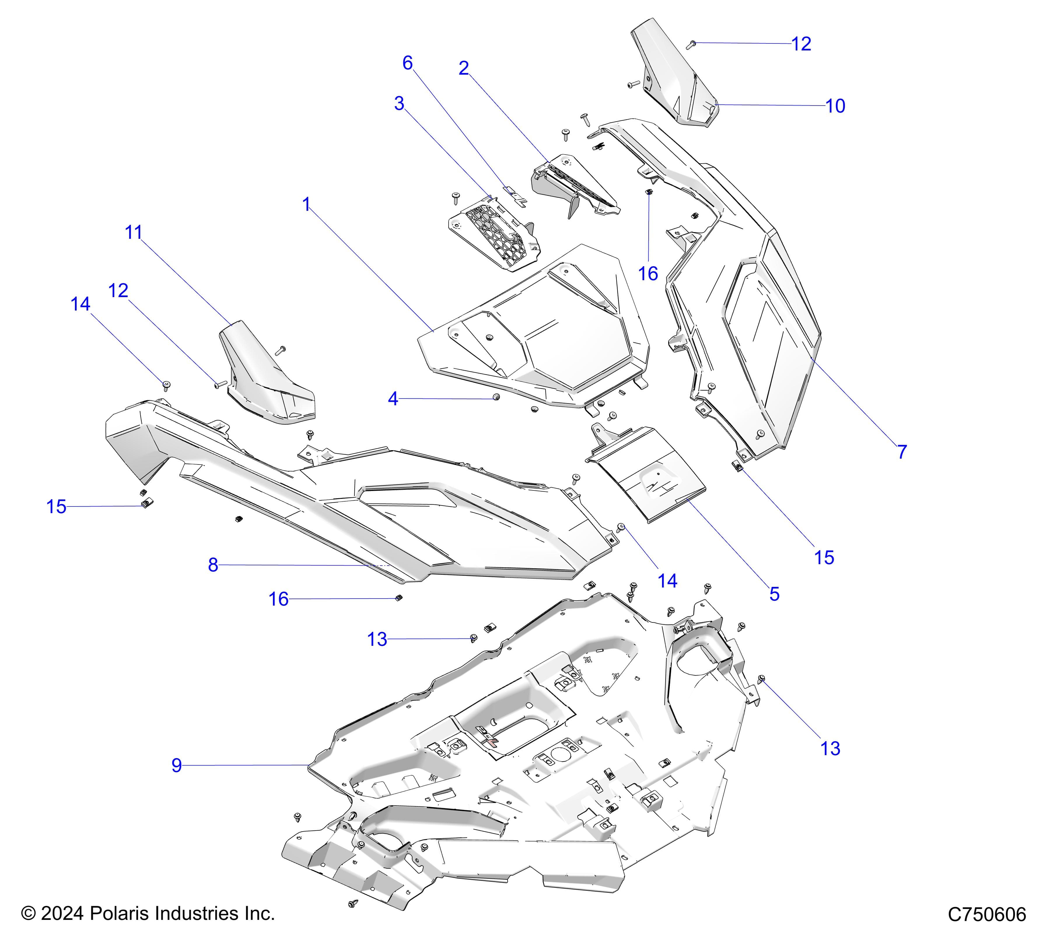 2026 RZR PRO R ULTIMATE β BODY, FRONT FENDERS & HOOD - Z26RPK2KAR/BR/AV/BV/AC/BC/AJ/BJ (C750606) diagram